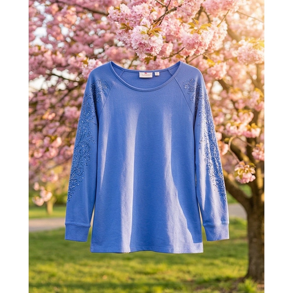 Quacker Factory L‎ Blue Beaded Raglan Beaded Sequin Sleeve Top Large
